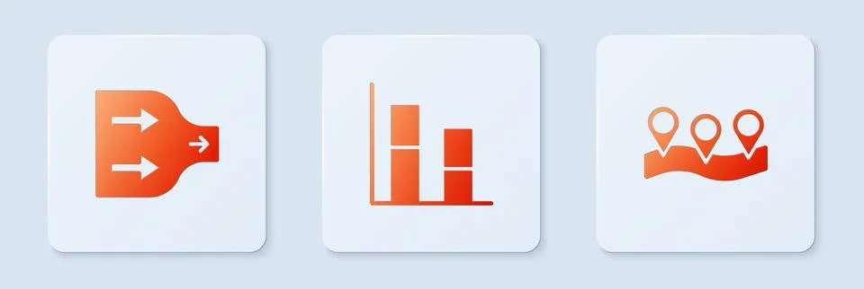 Set Graph, chart, diagram, Arrow and Location. White square button. Vector Stock Illustration