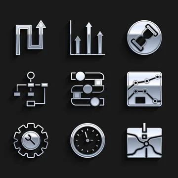 Set Graph, chart, diagram, Clock, Intersection point, Wrench and gear, Hierarchy Ilustración de archivo