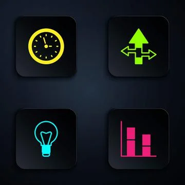 Set Graph, chart, diagram, Clock, Light bulb and Arrow. Black square button Illustrazione stock