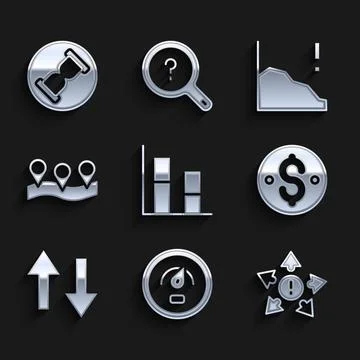 Set Graph, chart, diagram, Digital speed meter, Many ways directional arrow Stock Illustration