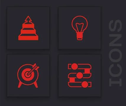 Set Graph, chart, diagram, Pyramid infographics, Light bulb and Target icon.. Stock Illustration