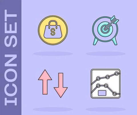 Set Graph, chart, diagram, Shopping bag with Sale, Arrow and Target icon. Vector Illustrazione stock