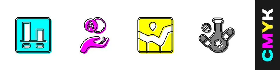 Set Graph chart infographic, Atom, and Medicine pill icon. Vector Stock Illustration