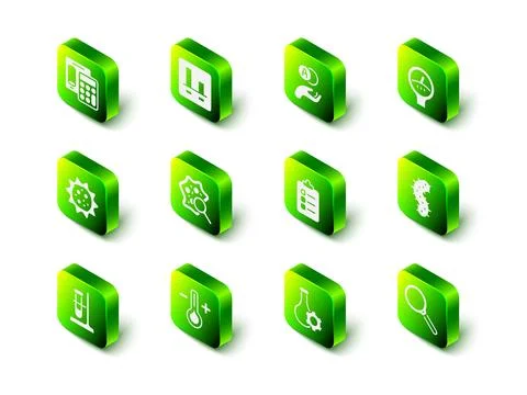 Set Graph chart infographic, Atom, Gauge scale, Virus, Magnifying glass, To.. Stock Illustration
