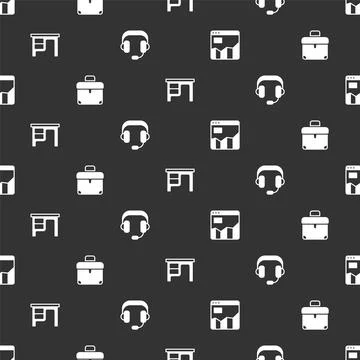 Set Graph chart infographic, Briefcase, Office desk and Headphones on seamless Stock-Illustration