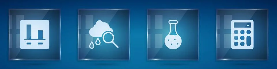 Set Graph chart infographic, Cloud with rain, Test tube and Calculator. Square Stock Illustration