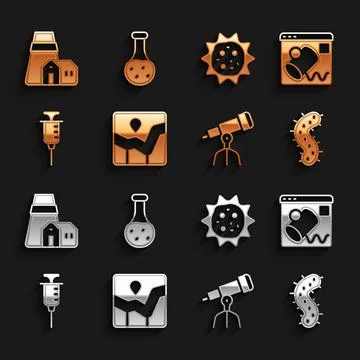 Set Graph chart infographic, Data visualisation, Virus, Telescope, Syringe,.. Illustrazione stock