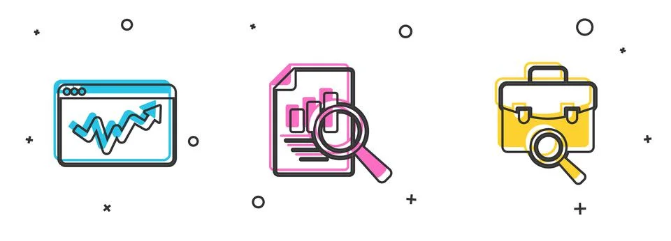 Set Graph chart infographic, Document with and Work search icon. Vector Illustrazione stock