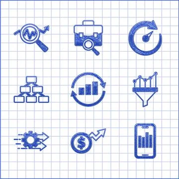Set Graph chart infographic, Financial growth dollar, Mobile with, Sales funnel Stock Illustration