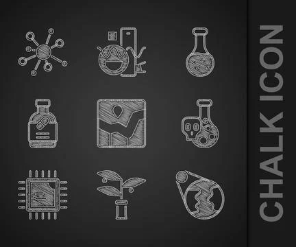 Set Graph chart infographic, Plant breeding, Earth globe, Test tube with toxi Stock Illustration