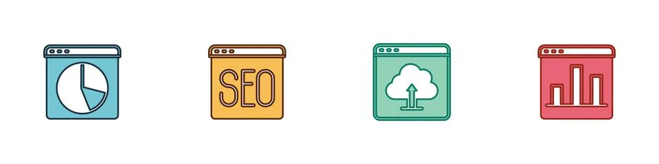 Set Graph chart infographic, SEO optimization, Cloud upload and icon. Vector Ilustración de archivo