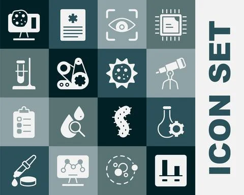 Set Graph chart infographic, Test tube, Telescope, Eye scan, Timing belt kit Stock Illustration