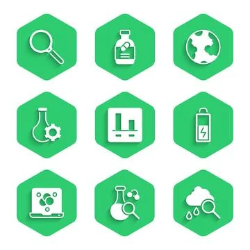 Set Graph chart infographic, Test tube, Cloud with rain, Battery, Chemical .. Stock Illustration