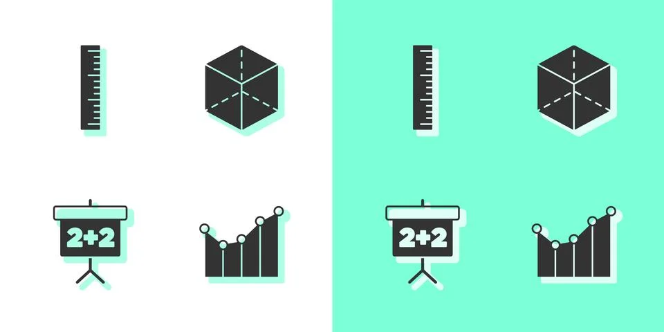 Set Graph, schedule, chart, diagram, Ruler, Chalkboard and Geometric figure Cube Ilustración de archivo