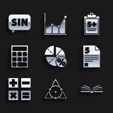 Set Graph, schedule, chart, diagram, Triangle math, Open book, Test or exam Stock Illustration