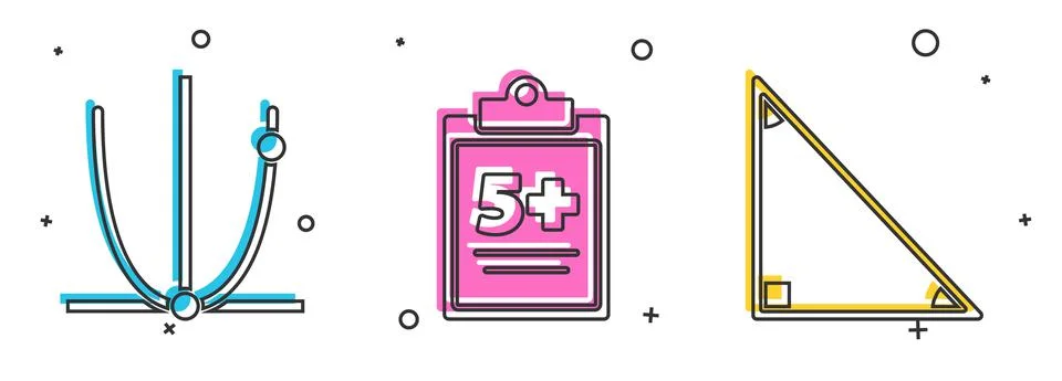 Set Graph, schedule, chart, diagram, Test or exam sheet and Triangle math icon Illustrazione stock