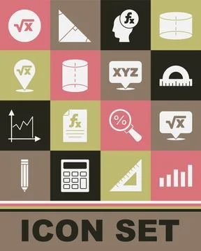 Set Graph, schedule, chart, diagram, Square root of x glyph, Protractor Stock Illustration