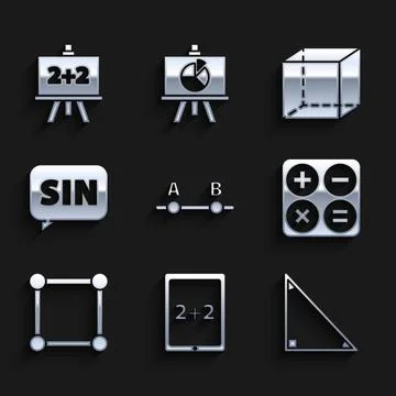 Set Graph, schedule, chart, diagram, Tablet with calculator, Triangle math Stock Illustration
