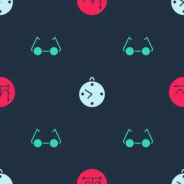 Set Graph, schedule, chart, diagram, Clock and Glasses on seamless pattern Stock Illustration