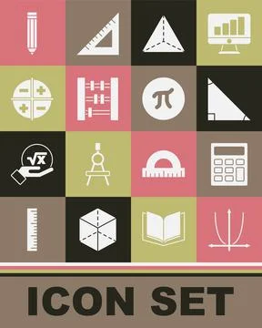 Set Graph, schedule, chart, diagram, Calculator, Triangle math, Geometric figure Stock Illustration