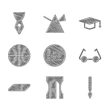 Set Graph, schedule, chart, diagram, Pencil sharpener, Paint brush, Glasses Stockillustratie