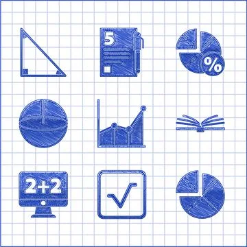 Set Graph, schedule, chart, diagram, Square root, Open book, Equation solution Stock Illustration