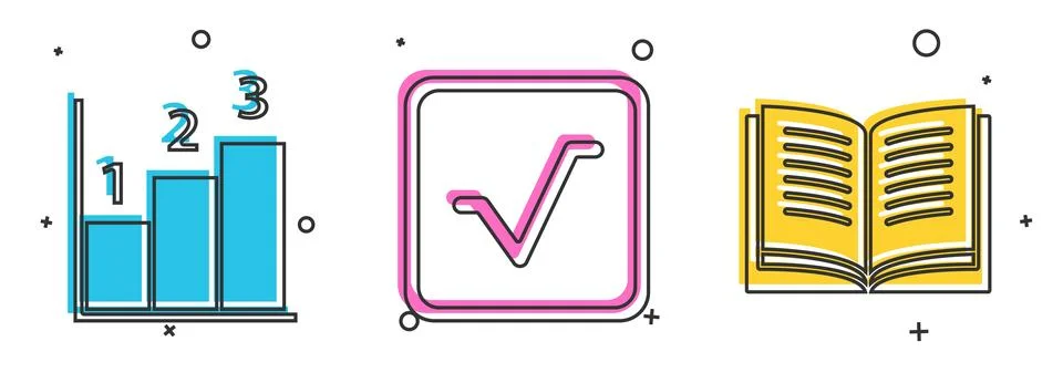Set Graph, schedule, chart, diagram, Square root and Open book icon. Vector Stock Illustration