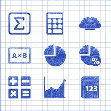 Set Graph, schedule, chart, diagram, Book with word mathematics, Calculator.. Stock Illustration