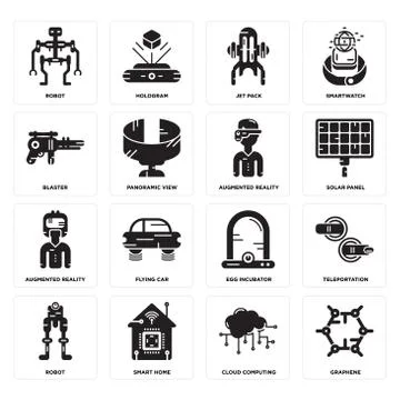 Set of Graphene, Cloud computing, Robot, Egg incubator, Augmented reality, Bl Free Stock Illustration