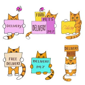 Set graphic color drawings of ginger red striped cats with boxes with inscrip Illustrazione stock