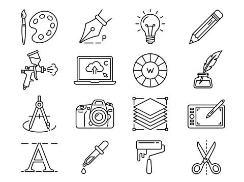 Set of graphic design and art creation icons including paint brush, palette.. Stock Illustration