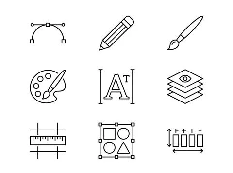 Set of graphic design and illustration icons including vector curve, pencil.. Stock Illustration