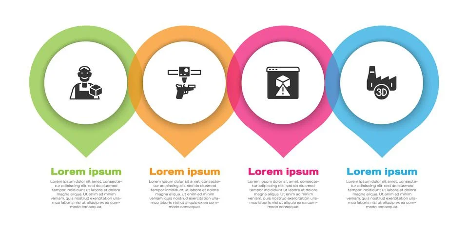 Set Graphic designer, 3D printer gun, and Printing house industry. Business Illustrazione stock