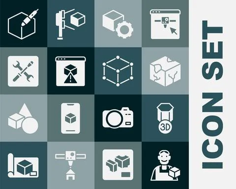 Set Graphic designer, 3D printer, Isometric cube, setting, 3d pen tool and icon Illustrazione stock