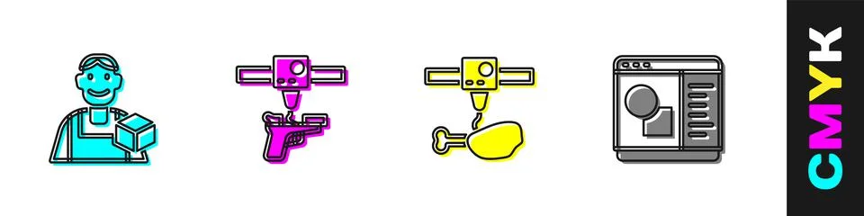 Set Graphic designer, 3D printer gun, chicken leg and software icon. Vector Ilustração Stock