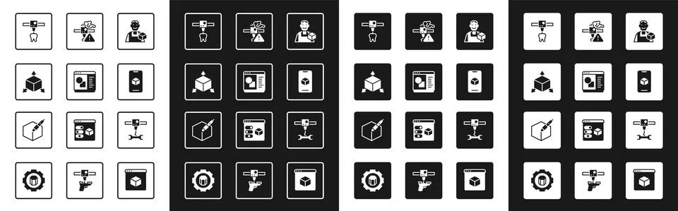 Set Graphic designer, 3D printer software, Isometric cube, tooth, warning Ilustração Stock
