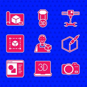 Set Graphic designer, 3D printer, Photo camera, 3d pen tool, software, Geometric Ilustração Stock