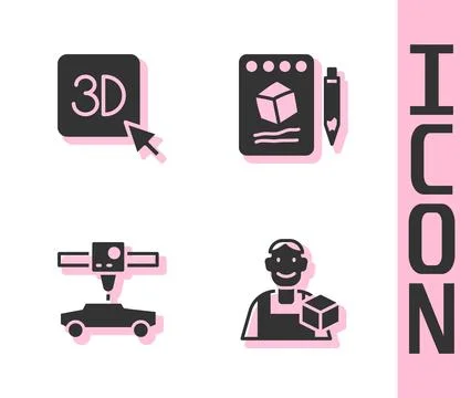 Set Graphic designer, 3D printer, car and Sketch on paper icon. Vector Stock Illustration