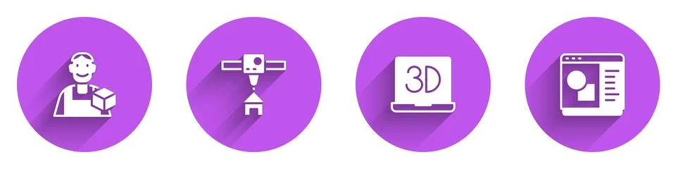 Set Graphic designer, 3D printer house,  and software icon with long shadow.. Ilustração Stock