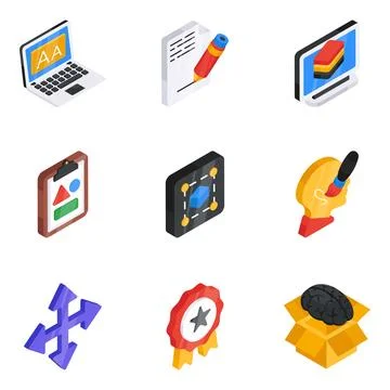 Set of Graphic Designing and Data Flat Isometric Icons Stock Illustration