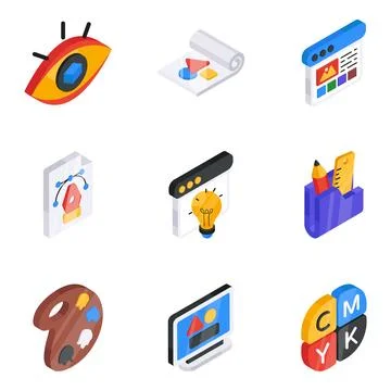 Set of Graphic Designing Flat Isometric Icons Stock Illustration