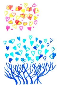 Set of graphic elements of hearts of blue and orange colors and bare branches 스톡 일러스트