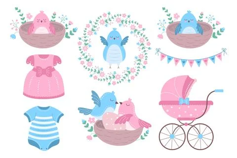 A set of graphic elements for a nesting party celebration. Stock Illustration