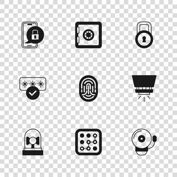 Set Graphic password protection, Fire sprinkler system, Ringing alarm bell,.. Ilustración de archivo