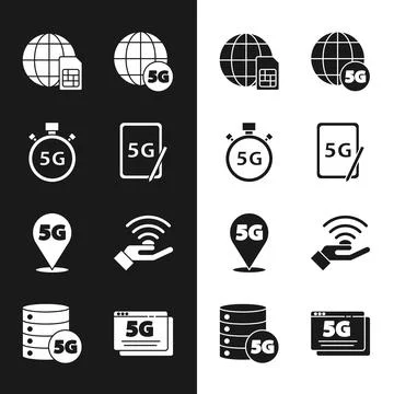 Set Graphic tablet with 5G, Digital speed meter, Globe Sim Card, network Stock Illustration