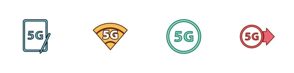 Set Graphic tablet with 5G, network, and icon. Vector Stock Illustration