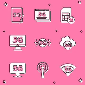 Set Graphic tablet with 5G, network, Sim card rejected, Monitor, Cloud, Location Illustrazione stock