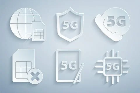 Set Graphic tablet with 5G, Phone network, Sim card rejected, Processor Illustrazione stock