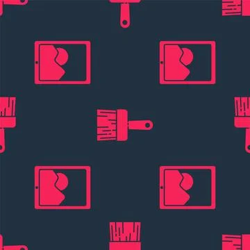 Set Graphic tablet and Paint brush on seamless pattern. Vector Illustrazione stock