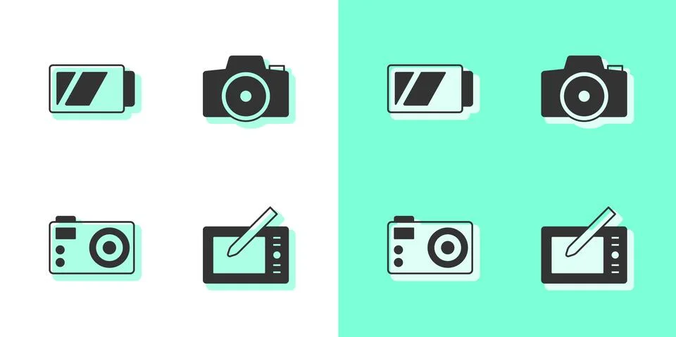 Set Graphic tablet, Battery for camera, Photo and icon. Vector 库存插图